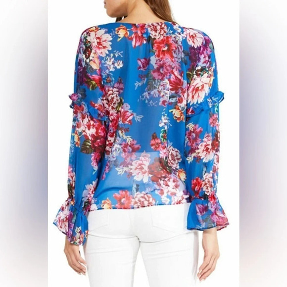 MISA Los Angeles V-Neck Floral Capriana  Organza Blouse in Blue & Pink - Picture 3 of 13